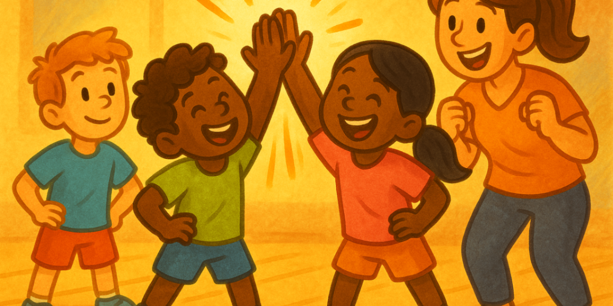 Children high-fiving each other after a fun exercise activity, with a therapist encouraging teamwork and social skill growth