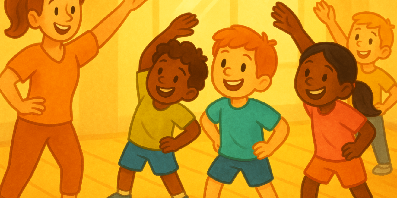 Kids participating in a group exercise therapy session, following stretches led by a supportive therapist to develop teamwork