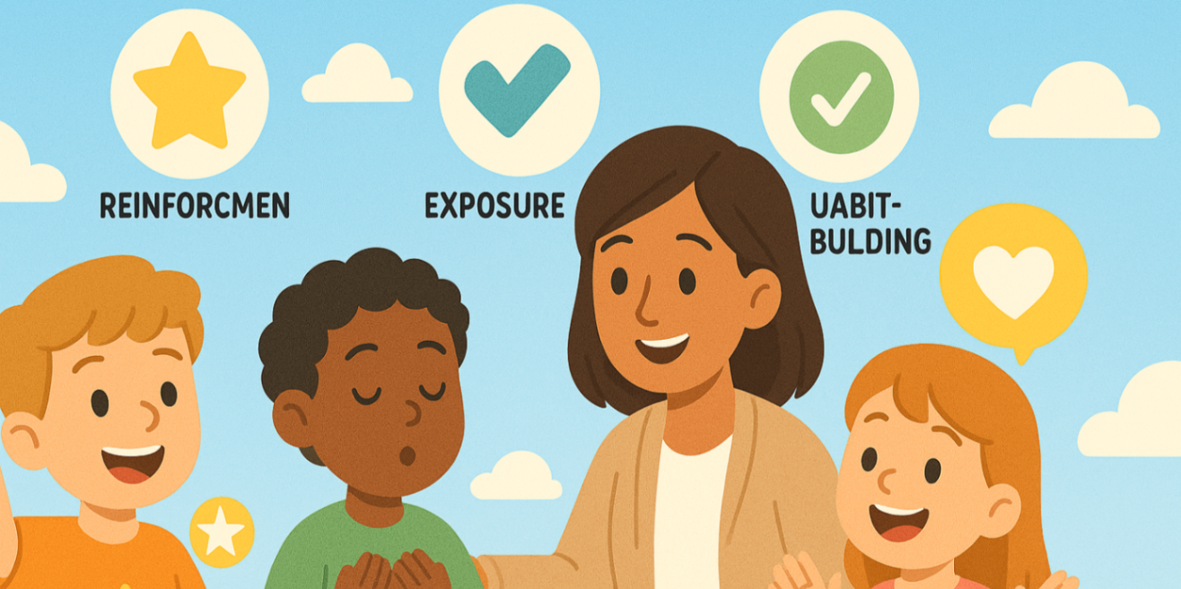Child-focused digital art featuring a therapist helping kids earn stars, practise calm breathing, and build positive habits, symbolising examples of behavioural therapy.