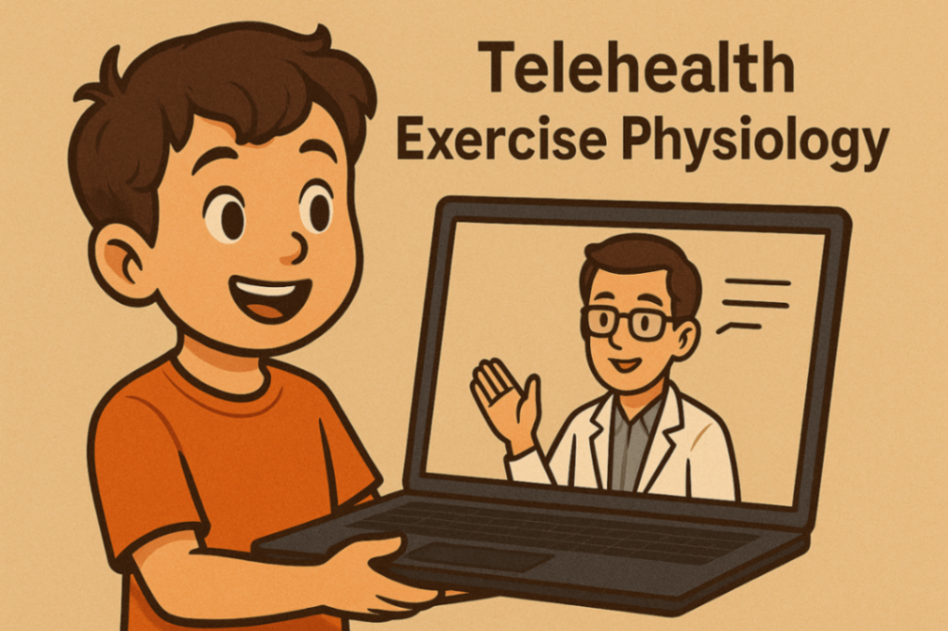A computer screen showing an exercise physiologist speaking during a live telehealth session, highlighting professional remote support for children’s physical wellbeing.