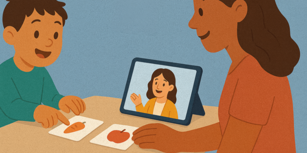 Parent watching a telehealth clip on a tablet while practising picture-card activities with their child; sticky note reads ‘NDIS support: ask your provider’ — home NDIS speech support.
