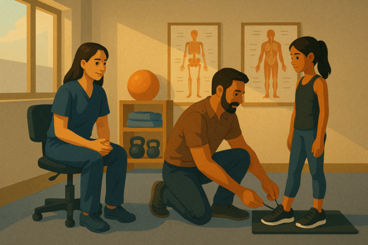 Exercise physiologist supporting a father and daughter in a therapy room; the dad is kneeling to tie her shoes.