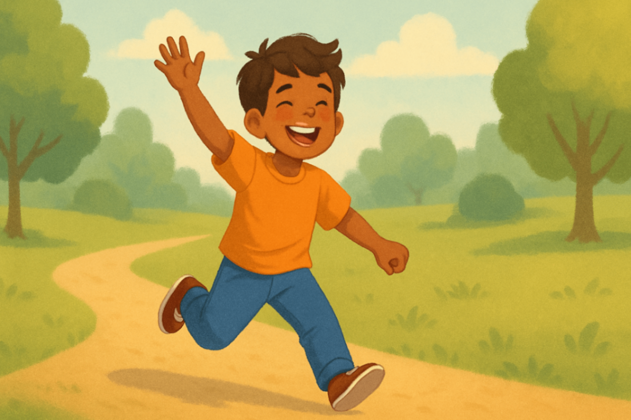 A happy child jumping with one arm raised in a park, smiling brightly—reflecting the long-term positive outcomes of specialised behaviour support.