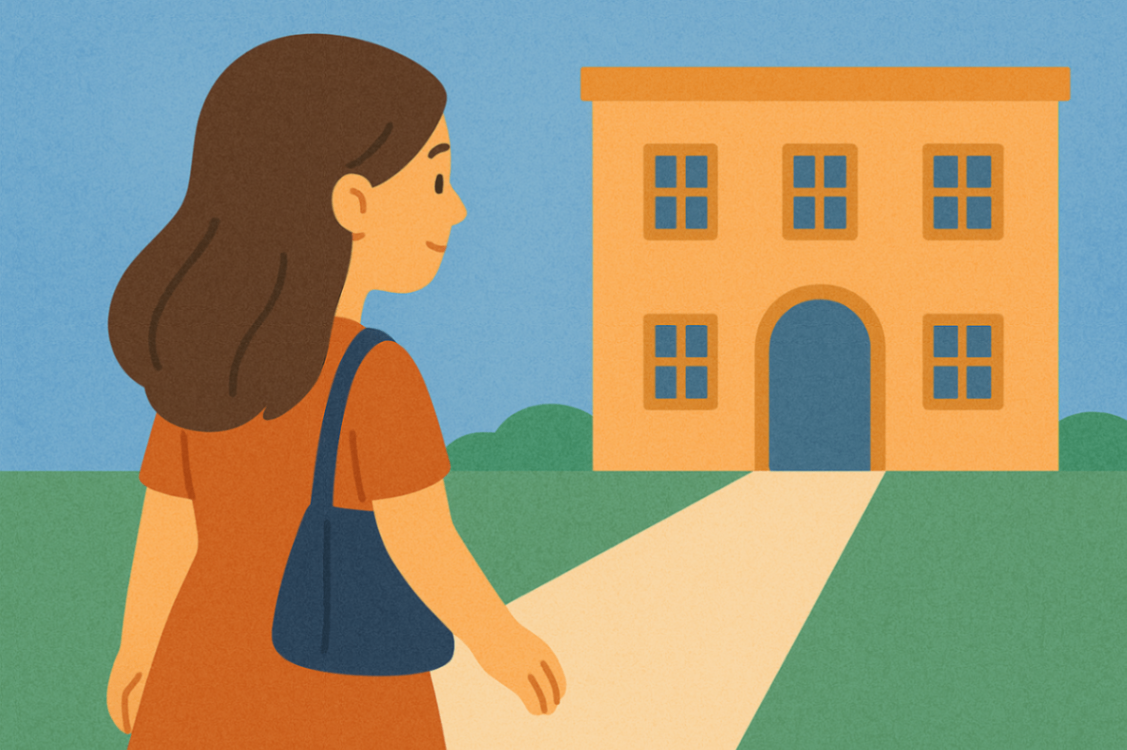 	Mother walking toward a clinic building, potentially for a speech therapy appointment in Liverpool