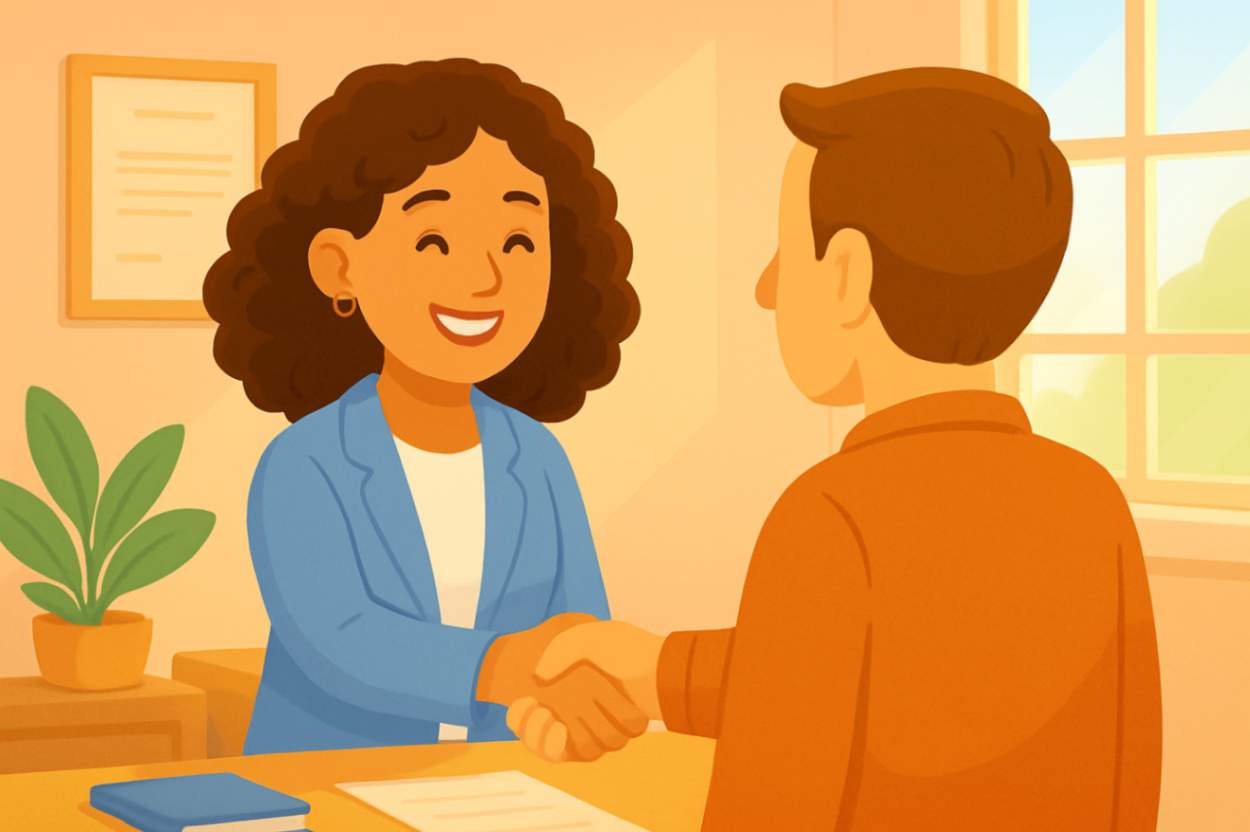 A woman saking hands with a man symbolising NDIS plan management collaboration and support.