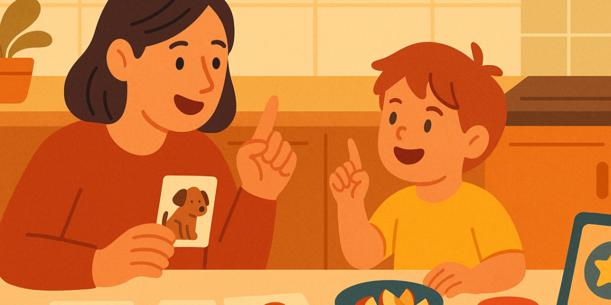 Parent and child using picture-card prompts at the kitchen table during snack time; child repeats words and places a star sticker on a chart — simple daily speech routine.