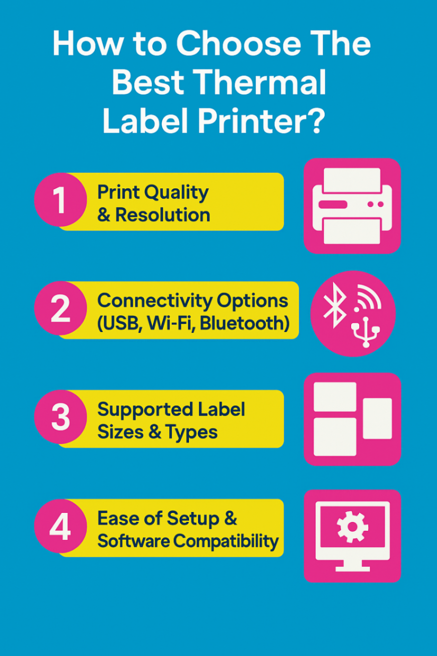 Infographic showcasing factors to consider when choosing the best thermal label printer