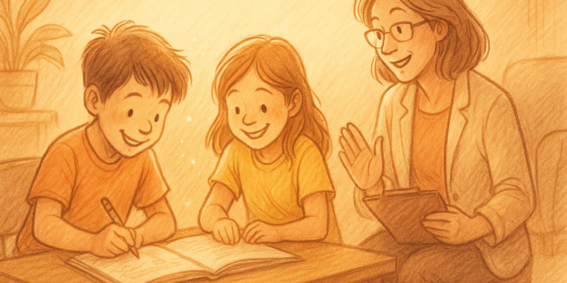 Siblings drawing and learning together during a behaviour therapy session, guided by a supportive therapist.