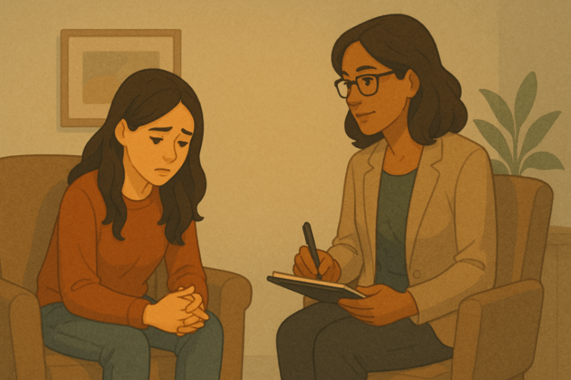 Therapist gently counselling a young child, focusing on emotional wellbeing and mental health support under NDIS-funded services.