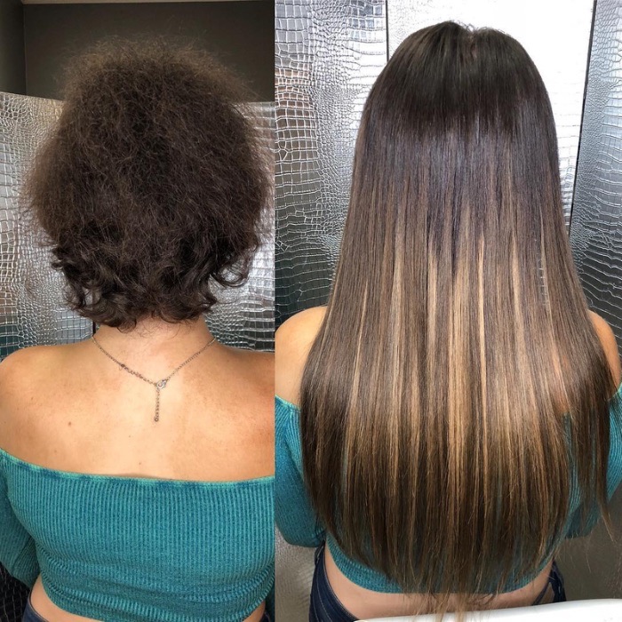 Before and after pics of wig installation at Noelle salon.
