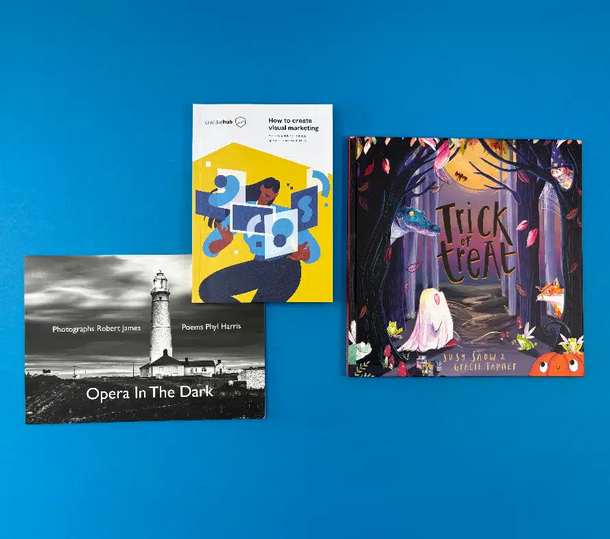 Three professionally printed books on a blue background by Ex Why Zed.