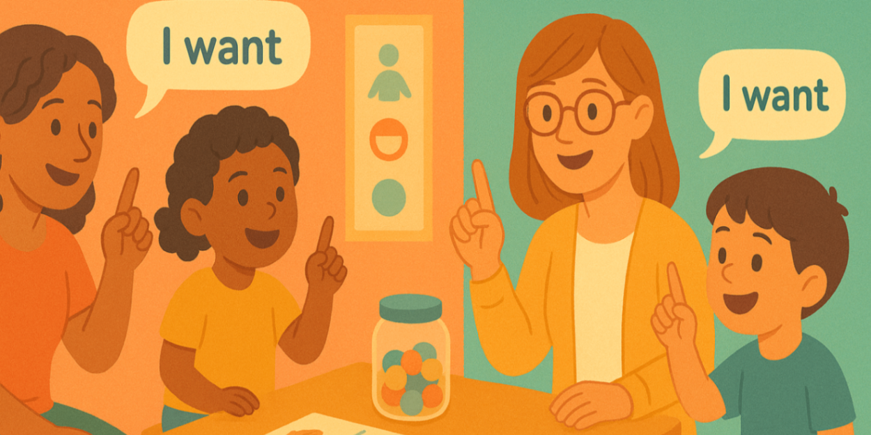 Pathologist and teacher modelling short phrases with children using visual supports and a token jar — play-based language practice for school.