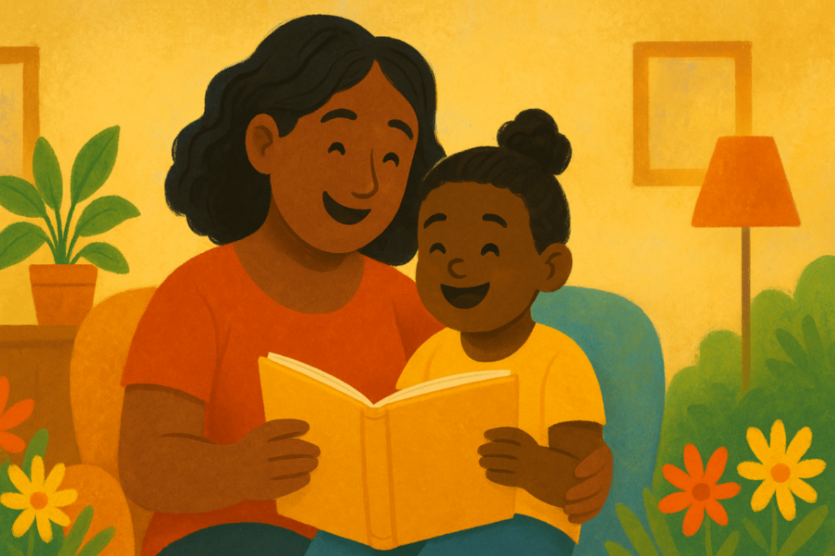 A child sitting on their mother’s lap, both smiling as they read a book together, showcasing personalised learning and bonding through an NDIS autism support plan.