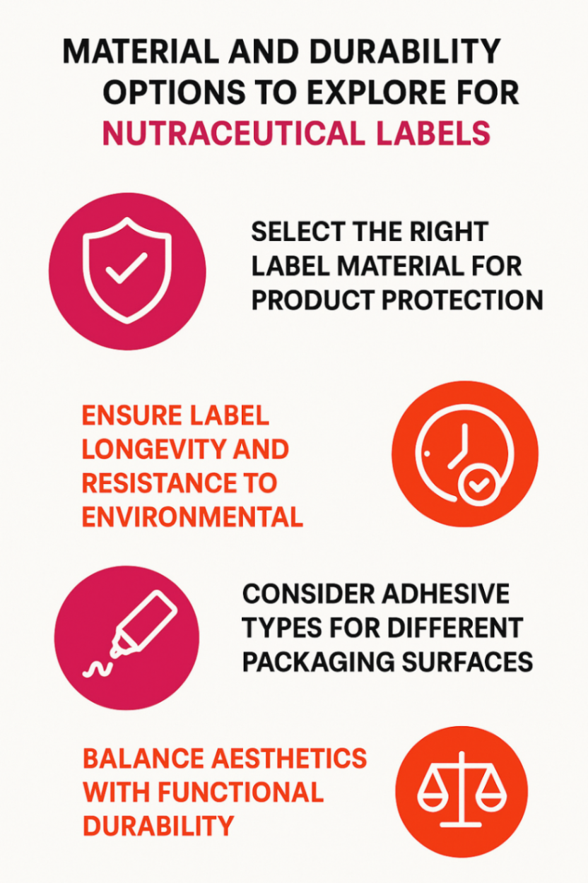 Infographic showcasing material and durability options should you explore for nutraceutical labels
