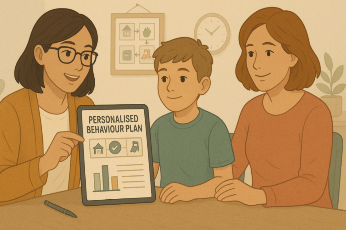 A Positive Behaviour Support practitioner works with a child and parent to develop a personalised support plan, featuring visual schedules and progress charts in a collaborative and supportive therapy setting.