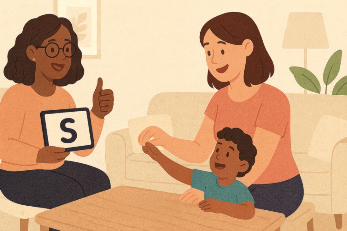 Therapist coaching a parent with tablet video prompts and home practice cards while parent works with child — parent coaching for speech therapy.